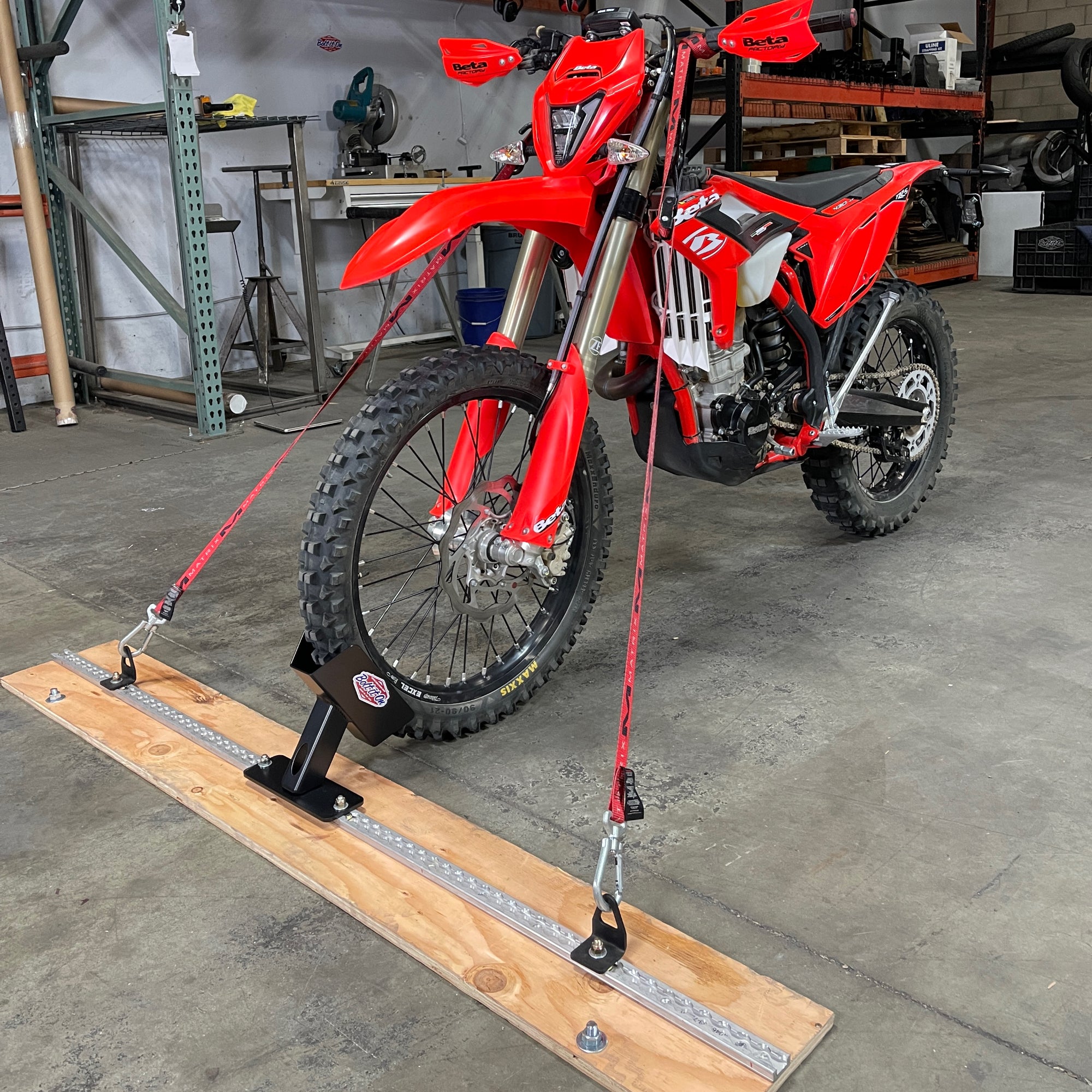 L-Track floor mount wheel chock for dirt bikes, sport bikes, bicycles and fat tire e-bikes