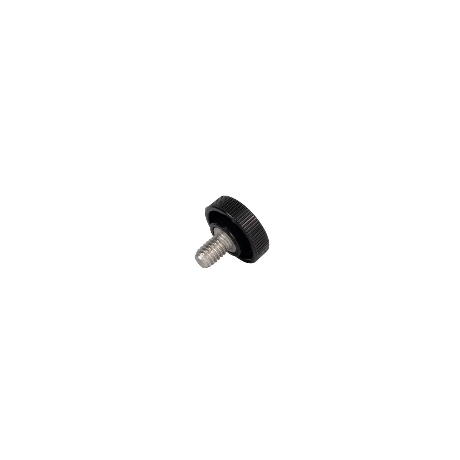 Black screw with a knurled head on a white background