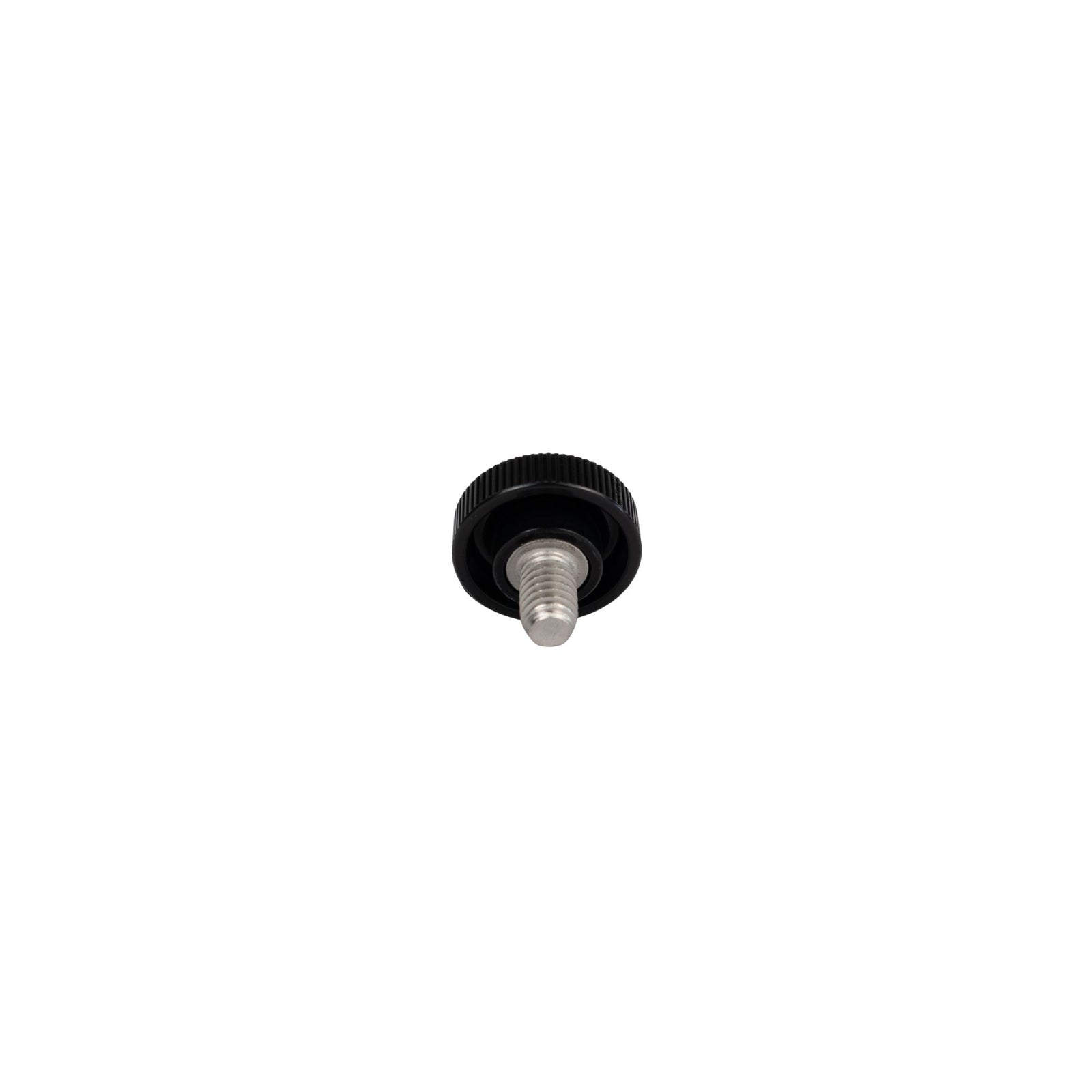 Black screw with a knurled head on a white background