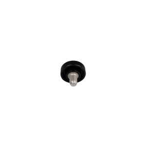 Black knurled round knob with metal screw on a white background